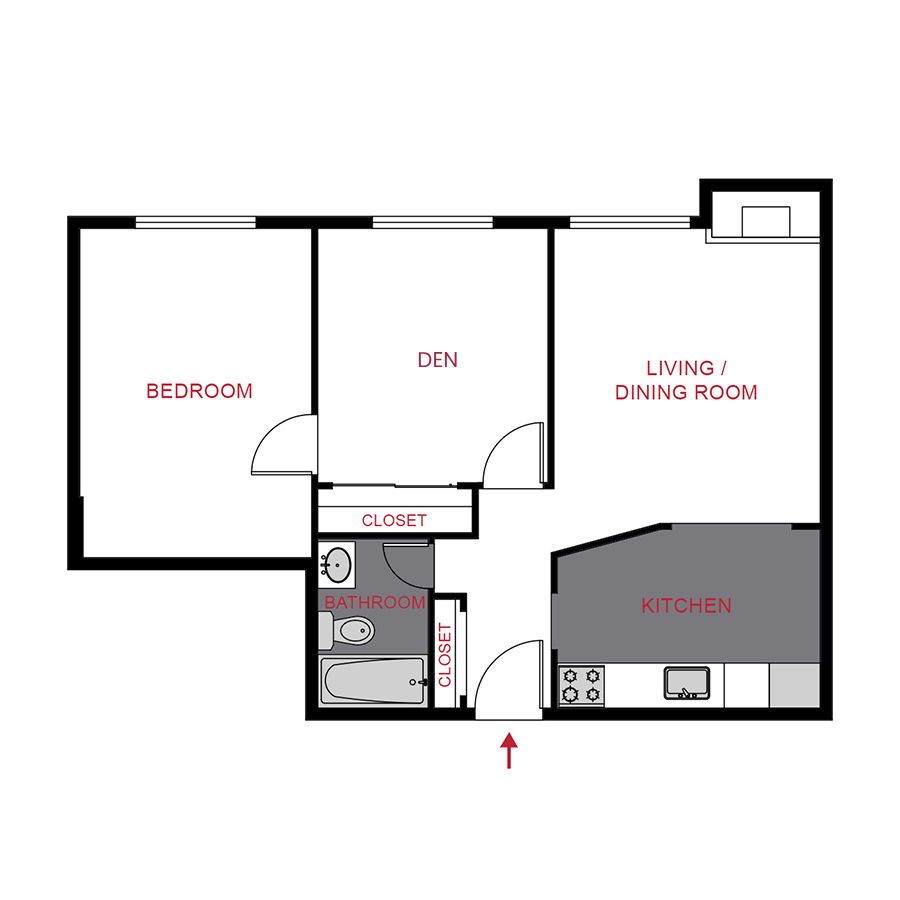 Floor plan for 1 bed, 1.5 baths, 820 sqft
